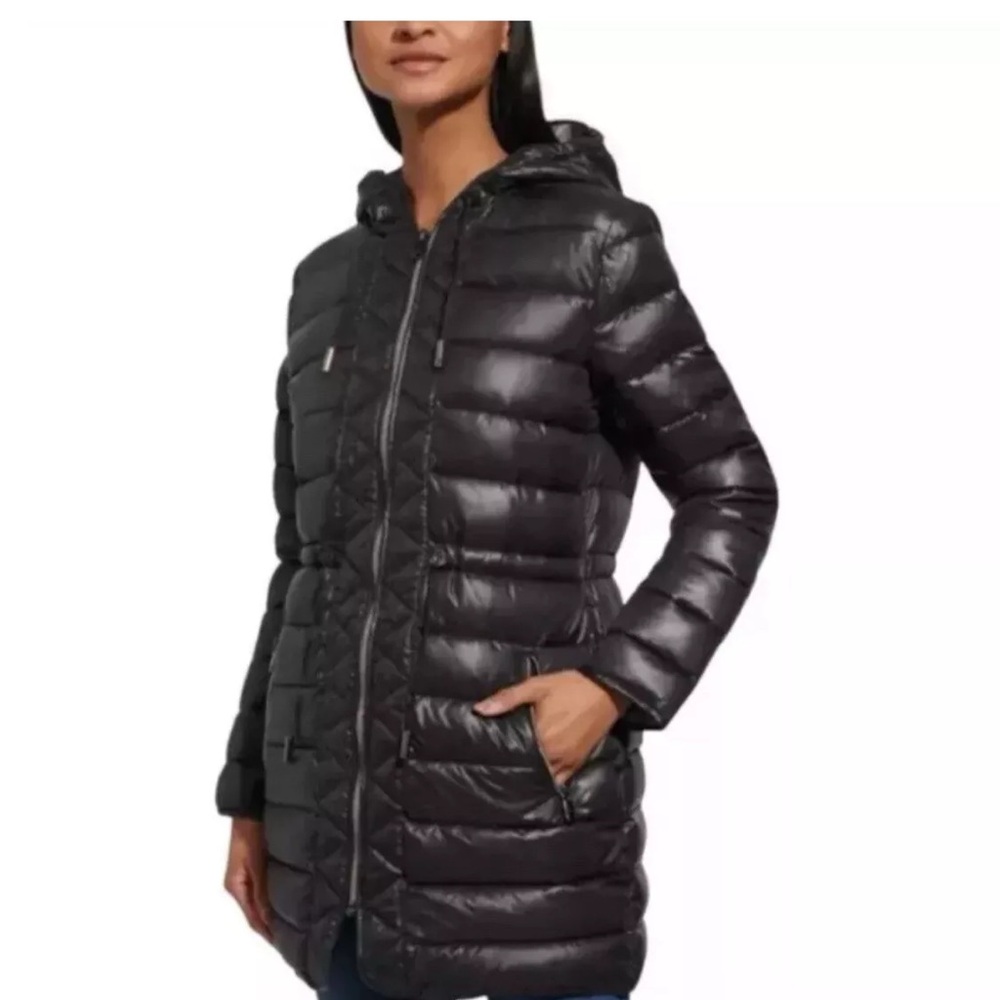 Kenneth Cole Women's Quilted Anorak Hooded Parka Puffer Coat Jacket, Black Small